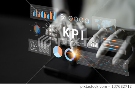 Futuristic Data Analysis Featuring KPI Metrics with Graphs, Charts, and User Interaction on a Smartphone in a Dark Background Gantry Futuristic Data Analysis Featuring KPI Metrics with Graphs, Charts, and User Interaction on a Smartphone in a Dark Background Gantry 137682712
