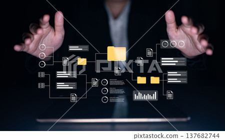 Futuristic digital interface visualization with hands presenting data analytics, document management, and workflow organization for modern business solutions Gantry Futuristic digital interface visualization with hands presenting data analytics, document management, and workflow organization for modern business solutions Gantry 137682744