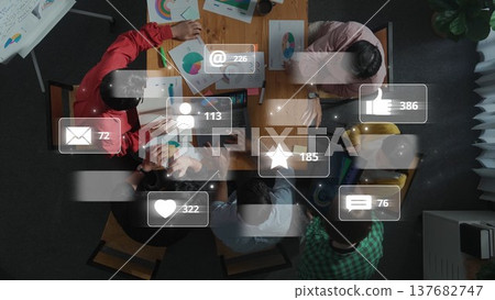 Group of Professionals Engaging in Collaborative Discussion Over Business Charts and Data, Surrounded by Social Media Notifications and Analytics. Raster Group of Professionals Engaging in Collaborative Discussion Over Business Charts and Data, Surrounded by Social Media Notifications and Analytics. Raster 137682747