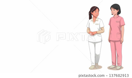 Conversation among caregiver staff, meeting, consultation, copy space, illustration. 137682913