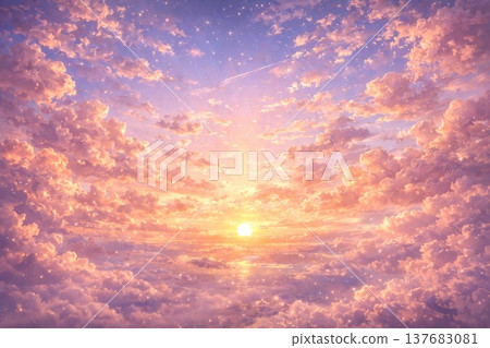 AI生成的夢幻日落天空和雲彩景觀，美麗的淺色天空背景素材。 137683081