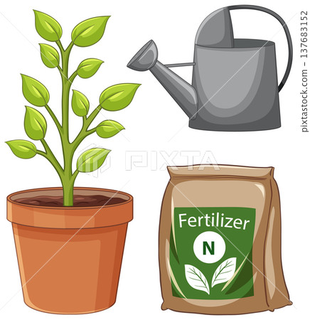 Vector Illustration of Potted Plant with Watering Can and Fertilizer Bag Vector Illustration of Potted Plant with Watering Can and Fertilizer Bag 137683152