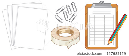 Vector Illustration of Office Supplies Including Clipboard Paper and Tape Vector Illustration of Office Supplies Including Clipboard Paper and Tape 137683159