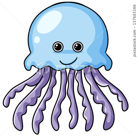 Cute Blue Jellyfish Cartoon Character Vector Illustration on White Background 137683166