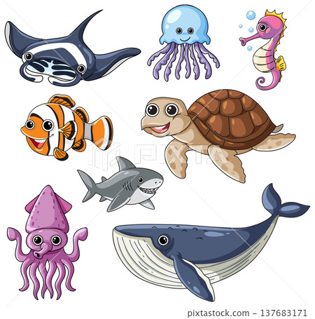 Collection of Cute Cartoon Sea Animals and Marine Life Illustrations Collection of Cute Cartoon Sea Animals and Marine Life Illustrations 137683171