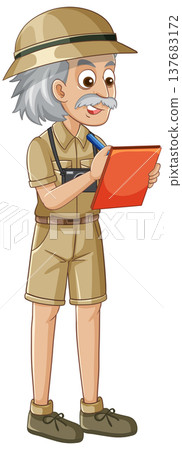Elderly Male Scientist in Safari Outfit Writing on a Clipboard Elderly Male Scientist in Safari Outfit Writing on a Clipboard 137683172