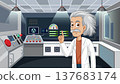 Senior Scientist Character Pointing Up in a High Tech Laboratory 137683174