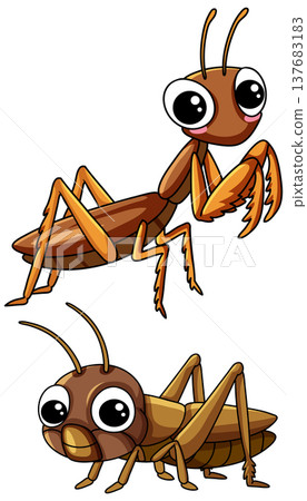 Cute Cartoon Praying Mantis and Cricket Vector Illustration Set 137683183