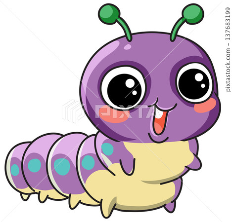 Cute Purple Caterpillar Cartoon Character with Big Eyes and Happy Expression Cute Purple Caterpillar Cartoon Character with Big Eyes and Happy Expression 137683199