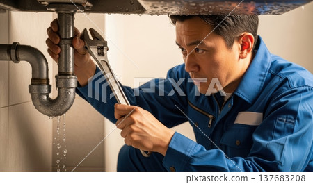 A plumber at work repairing a water leak under a sink; plumbing repair by a water utility company and DIY maintenance; advertising copy. 137683208