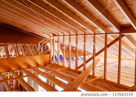 Modern wooden roof framing under construction craftsmanship design in residential building Modern wooden roof framing under construction craftsmanship design in residential building 137683339