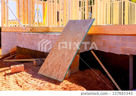 Construction site foundation work with ramp for easier access to building area Construction site foundation work with ramp for easier access to building area 137683343