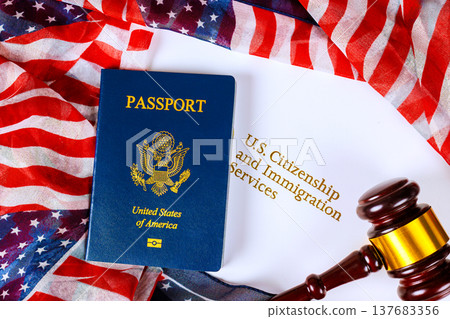 Important documents for U.S. citizenship process with passport, gavel, immigration forms displayed Important documents for U.S. citizenship process with passport, gavel, immigration forms displayed 137683356