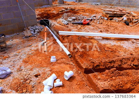 Workers dig trench for plumbing pipes at construction site in new building area Workers dig trench for plumbing pipes at construction site in new building area 137683364