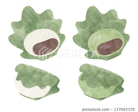一組水彩風格的柏餅(用橡樹葉包裹的年糕)插圖。 一組水彩風格的柏餅(用橡樹葉包裹的年糕)插圖。 137683370