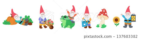 Set of five cartoon garden gnomes. Cute fairy-tale characters. A garden elf. Toadstools, plants, and frogs. Modern hand-drawn vector illustrations. Isolated on a white background. 137683382