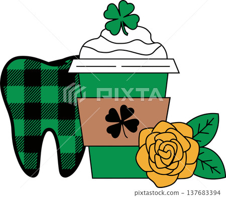 Plaid Tooth, Shamrock Cup, and Yellow Rose Cartoon Illustration Plaid Tooth, Shamrock Cup, and Yellow Rose Cartoon Illustration 137683394
