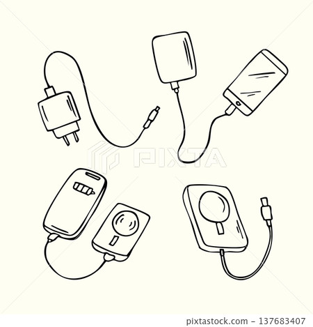 Hand drawn power bank and phone charger doodle icon set Hand drawn power bank and phone charger doodle icon set 137683407