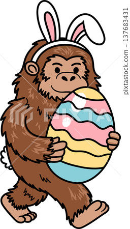 Bigfoot with Bunny Ears and Easter Egg Cartoon Illustration 137683431