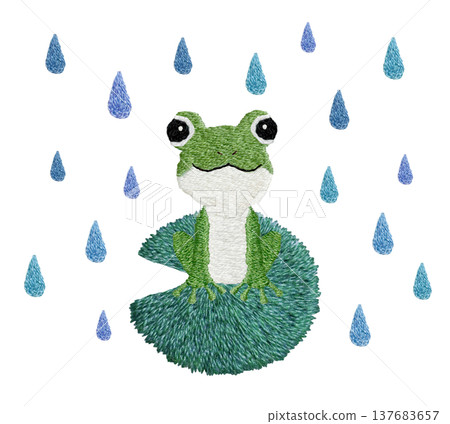 [Frog, Leaf, and Droplet] Hand-embroidered illustration material 137683657