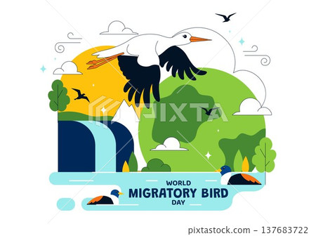 World Migratory Bird Day Vector Illustration Featuring Flying Storks Over Wetland Landscape, Wildlife Nature Conservation and Seasonal Migration World Migratory Bird Day Vector Illustration Featuring Flying Storks Over Wetland Landscape, Wildlife Nature Conservation and Seasonal Migration 137683722