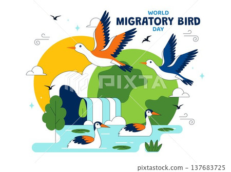 World Migratory Bird Day Vector Illustration Featuring Flying Storks Over Wetland Landscape, Wildlife Nature Conservation and Seasonal Migration World Migratory Bird Day Vector Illustration Featuring Flying Storks Over Wetland Landscape, Wildlife Nature Conservation and Seasonal Migration 137683725