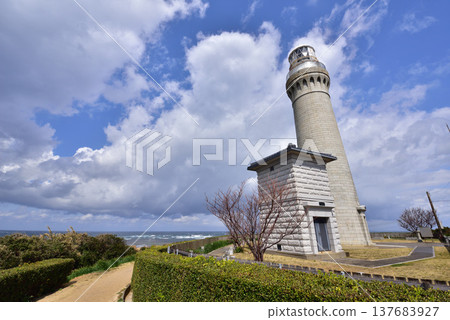 Tsunoshima Lighthouse: A large lighthouse on the Sea of Japan coast; a nationally designated Important Cultural Property; Shimonoseki City, Yamaguchi Prefecture. Tsunoshima Lighthouse: A large lighthouse on the Sea of Japan coast; a nationally designated Important Cultural Property; Shimonoseki City, Yamaguchi Prefecture. 137683927