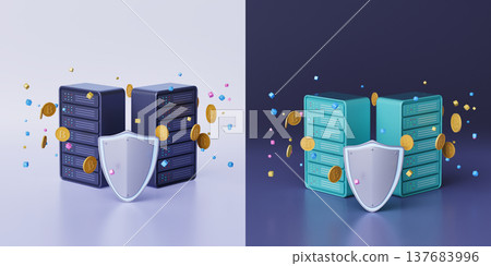 Contrasting light and dark background composition featuring teal and dark blue server racks Contrasting light and dark background composition featuring teal and dark blue server racks 137683996
