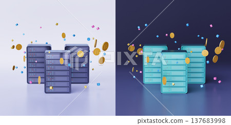 Split-screen illustration of Data center racks with crypto tokens and floating cubes Split-screen illustration of Data center racks with crypto tokens and floating cubes 137683998