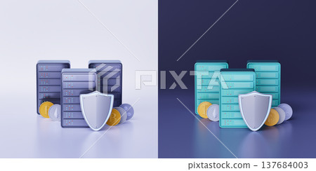 Contrasting light and dark background composition featuring teal and dark blue server racks 137684003
