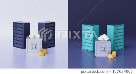 Light and dark composition featuring server racks, vaults, cloud icons, and crypto coins 137684005