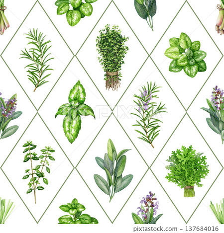 Watercolor seamless pattern from thyme, lemongrass, sage, rosemary, marjoram, basil. Hand drawn culinary herbs botanical illustration spice plants background for kitchen, packaging and textile design. Watercolor seamless pattern from thyme, lemongrass, sage, rosemary, marjoram, basil. Hand drawn culinary herbs botanical illustration spice plants background for kitchen, packaging and textile design. 137684016
