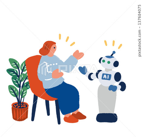 Illustration of a woman conversing with AI (artificial intelligence). 137684075