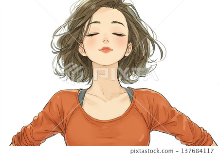 Miyu系列：一位年輕女子閉著眼睛深呼吸的插圖，上半身在白色背景上。 137684117
