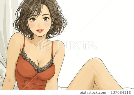美優系列：一位年輕女子穿著吊帶背心，在白色背景前放鬆的插圖。 137684118