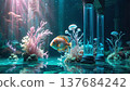 Game background: A fantasy aquarium at midnight with a pillar of jewels. 137684242