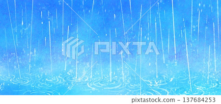 Watercolor illustration of rain falling on a blue background; rainy season image. 137684253