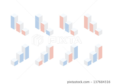 由三個不同顏色（紅色和藍色）的長條組成的長條圖的等距設計。 137684316