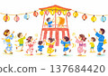 An illustration of people dancing around a platform used for Bon Odori (traditional Japanese dance festival). 137684420