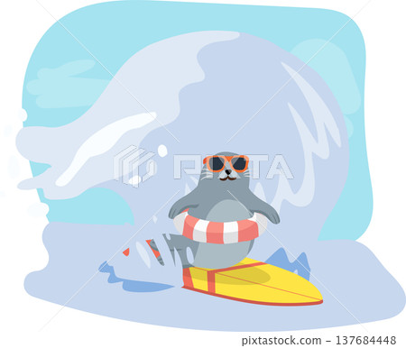 seal surfing on wave with surfboard and sunglasses cute summer cartoon illustration 137684448