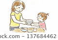 A daughter and her mother helping to clear the dishes after dinner. 137684462