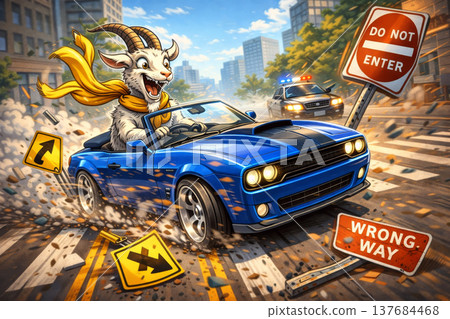 Funny cartoon goat driving a blue convertible car at high speed through a city street while smashing road signs and breaking traffic rules. Funny cartoon goat driving a blue convertible car at high speed through a city street while smashing road signs and breaking traffic rules. 137684468
