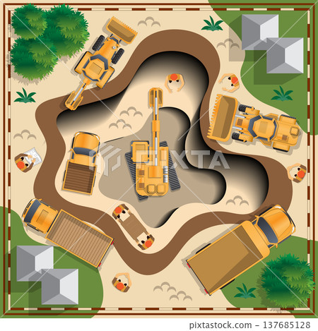 Work at the quarry. View from above. Vector illustration. Work at the quarry. View from above. Vector illustration. 137685128