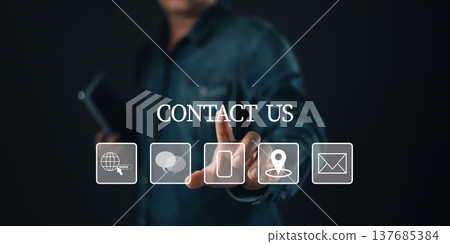 businessman touch with virtual contact icons including phone,email,chat,location,and web links under the text CONTACT US, symbolizing communication, customer service support,and digital connectivity. 137685384