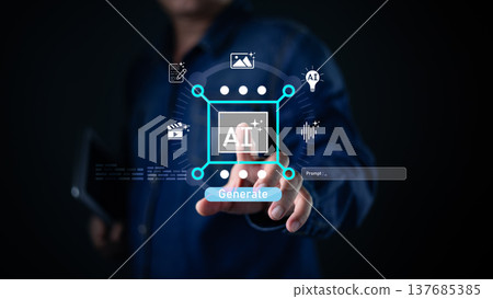 A person interacts with a digital interface displaying an AI generation system, highlighting innovation in artificial intelligence, creative automation, and prompt based content creation technology. A person interacts with a digital interface displaying an AI generation system, highlighting innovation in artificial intelligence, creative automation, and prompt based content creation technology. 137685385