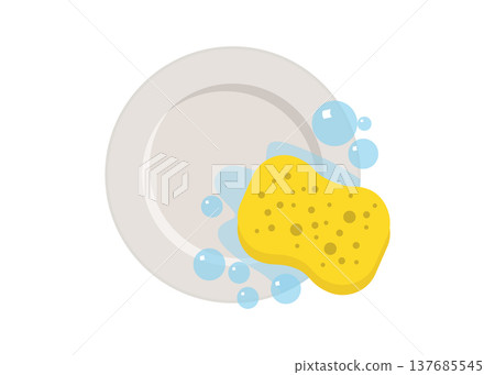 Sponge cleaning dirty plate with soap bubbles stock illustration. Sponge cleaning dirty plate with soap bubbles stock illustration. 137685545