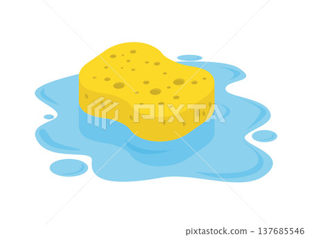 Yellow porous kitchen sponge soaking up a blue water spill stock illustration. Yellow porous kitchen sponge soaking up a blue water spill stock illustration. 137685546