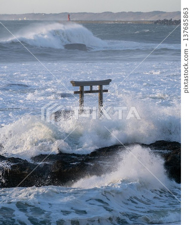 Sunrise over the turbulent torii gate at Kamiiso Sunrise over the turbulent torii gate at Kamiiso 137685863