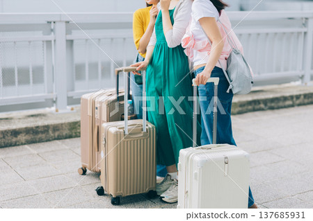 Image of three women traveling. "Filming assistance provided by Kansai International Airport (KIX)." 137685931