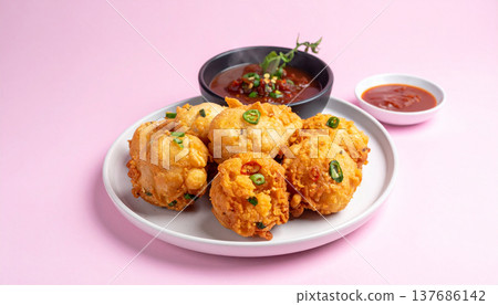 Takoyaki Style Snack Balls with Dipping Sauce 137686142